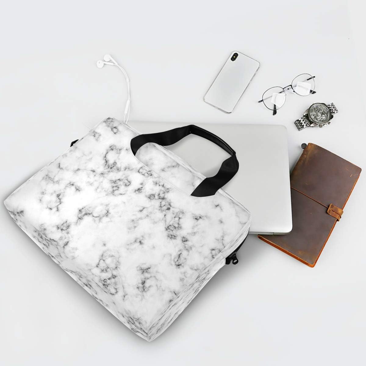 Laptop Bag White Marble Black Texure Laptop Sleeves Case for 13 14 15.6 Inch Computer Tablet Briefcases Carrying Case Shoulder Bag for Work