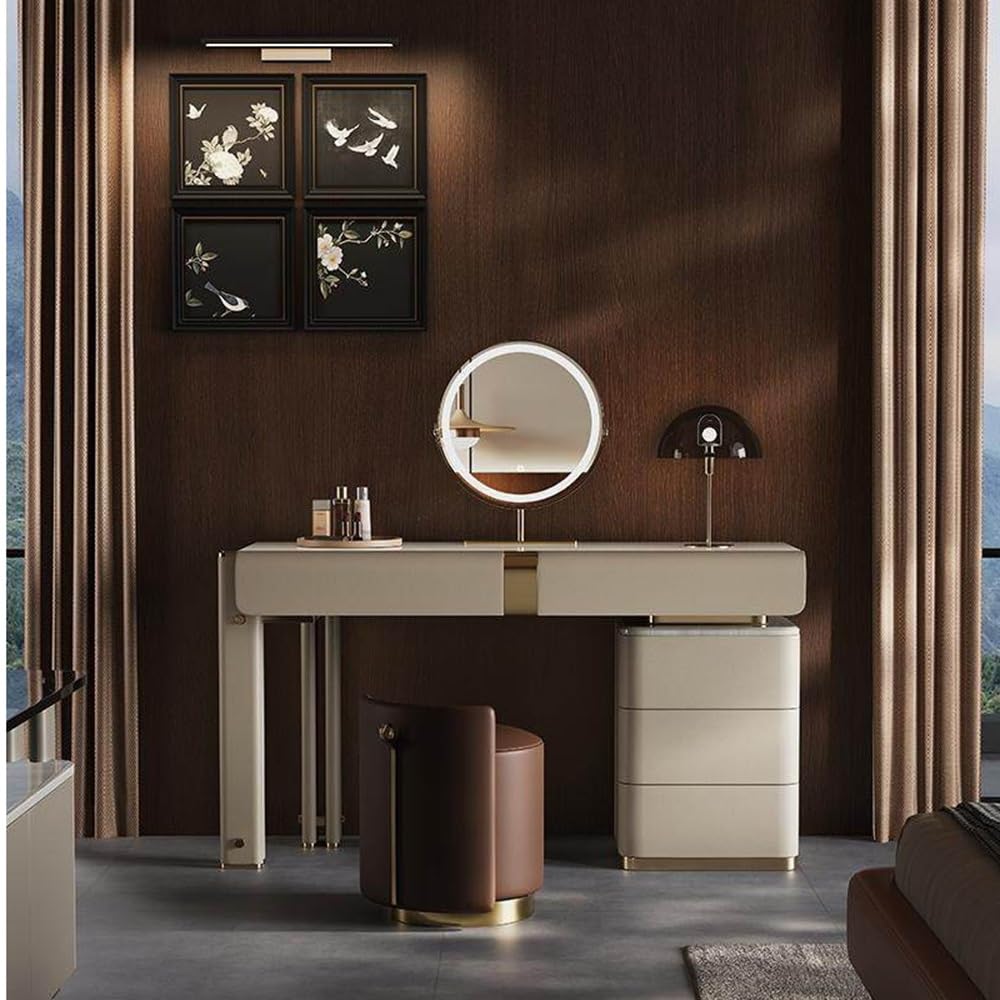 Scrivania da toeletta di lusso minimalista italiana, finitura in pelle personalizzata fascia alta con cassettiera portaoggetti Toeletta con sgabello