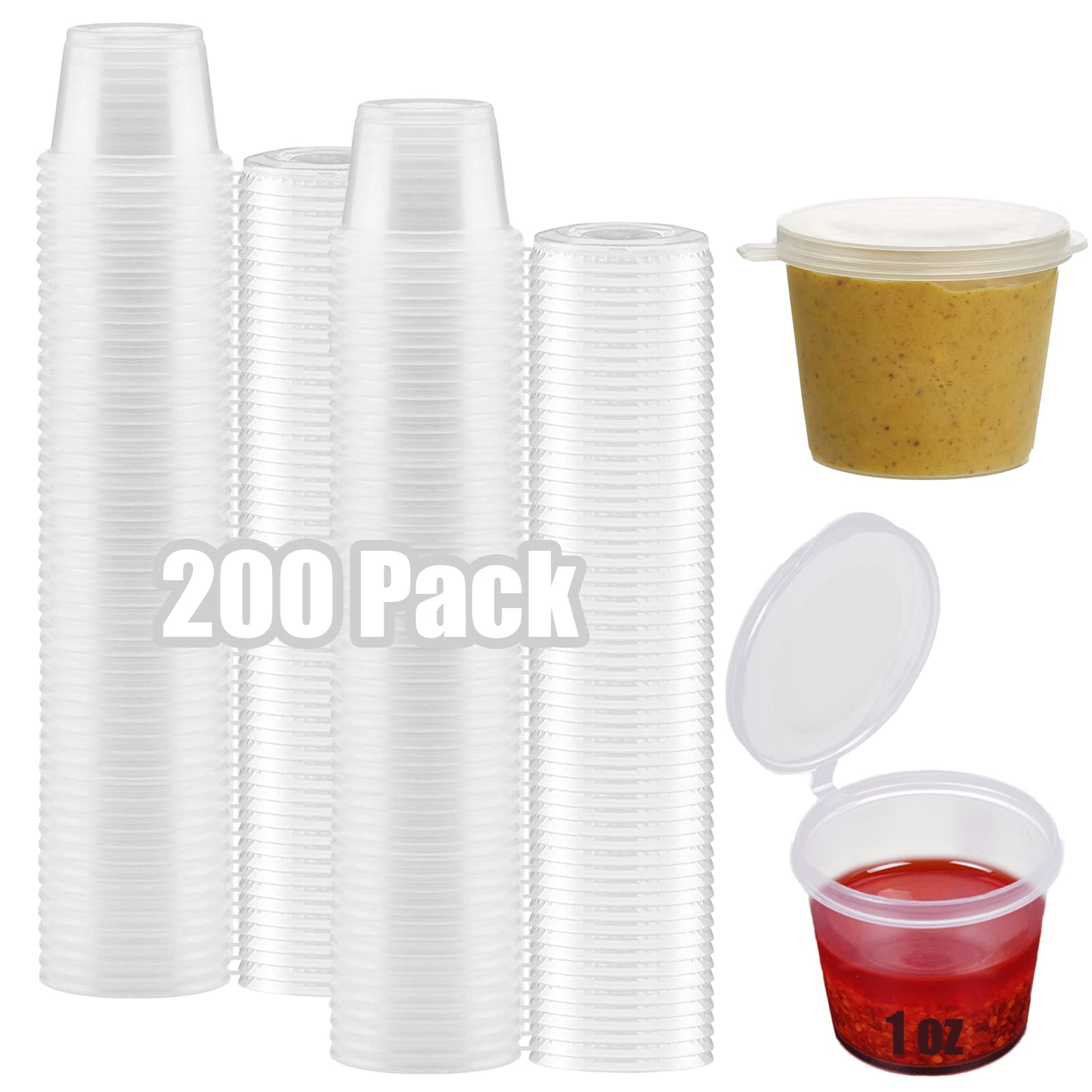 200 * 1oz Round Food Container Pots with Lids, Plastic Hinged Sauce Pots Reusable Jelly Shot Cups Clear Small Deli Pot Restaurants Takeaways Containers for Small Dips Chutney Ketchup Salads-25ml
