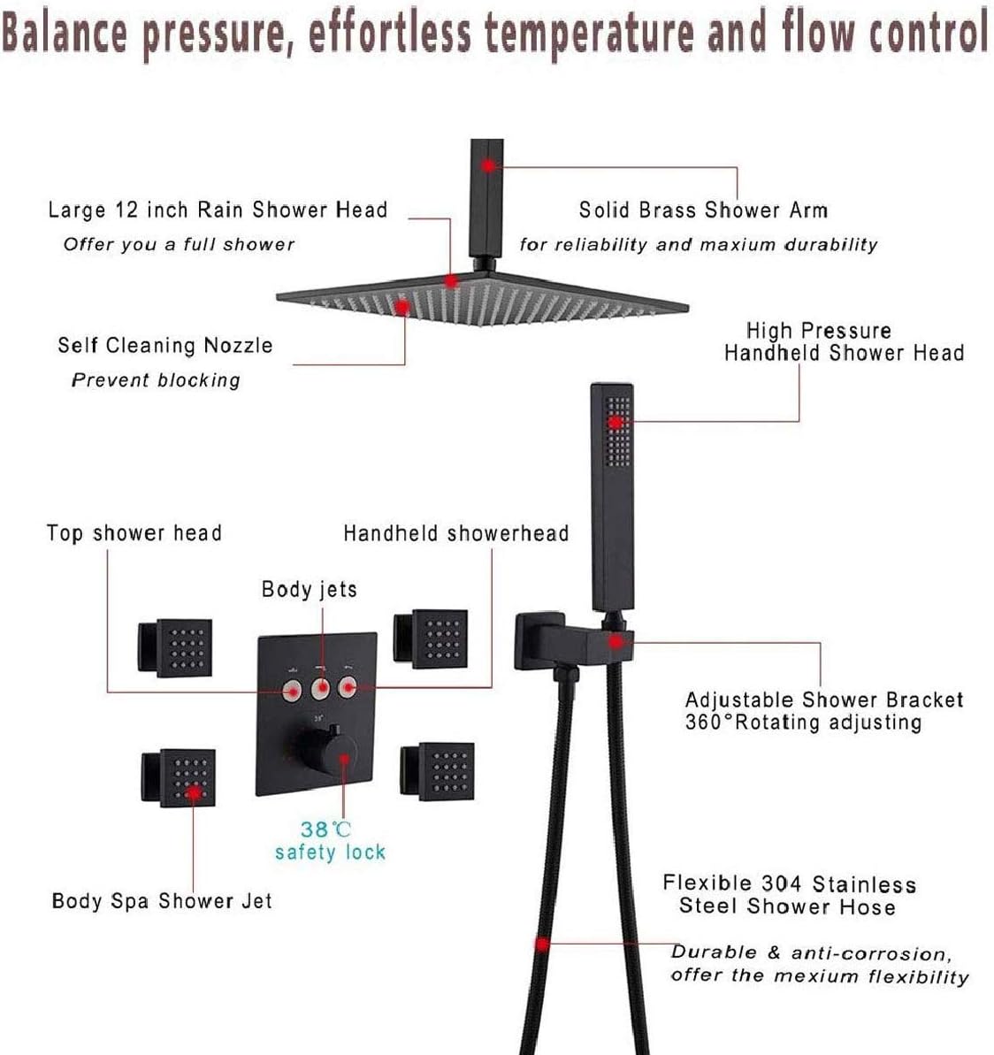 Thermostatic Matte Black Brass Shower Faucet Complete Shower Kit with 12 Inch Ceiling Rain Head and 4 Pcs Body Sprayer, Shower Set,12 Inch
