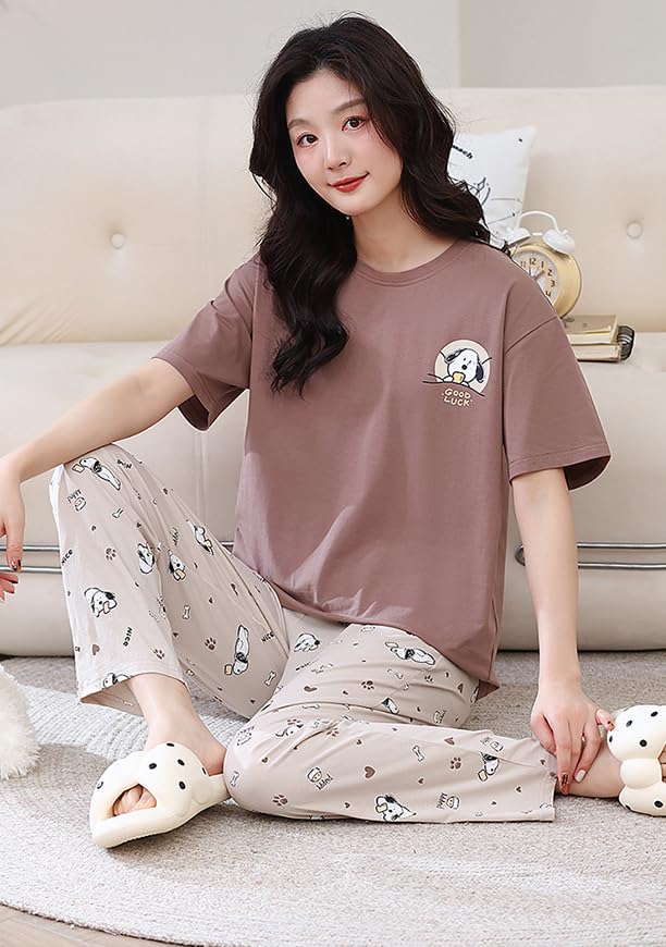 Image of GLASGO Women's Cotton Pajama Set with Top & Pants|| Korean Night Suit|| Lightweight Printed Set || Soft & Comfy Sleepwear for Girls & Women || LNS-3-$