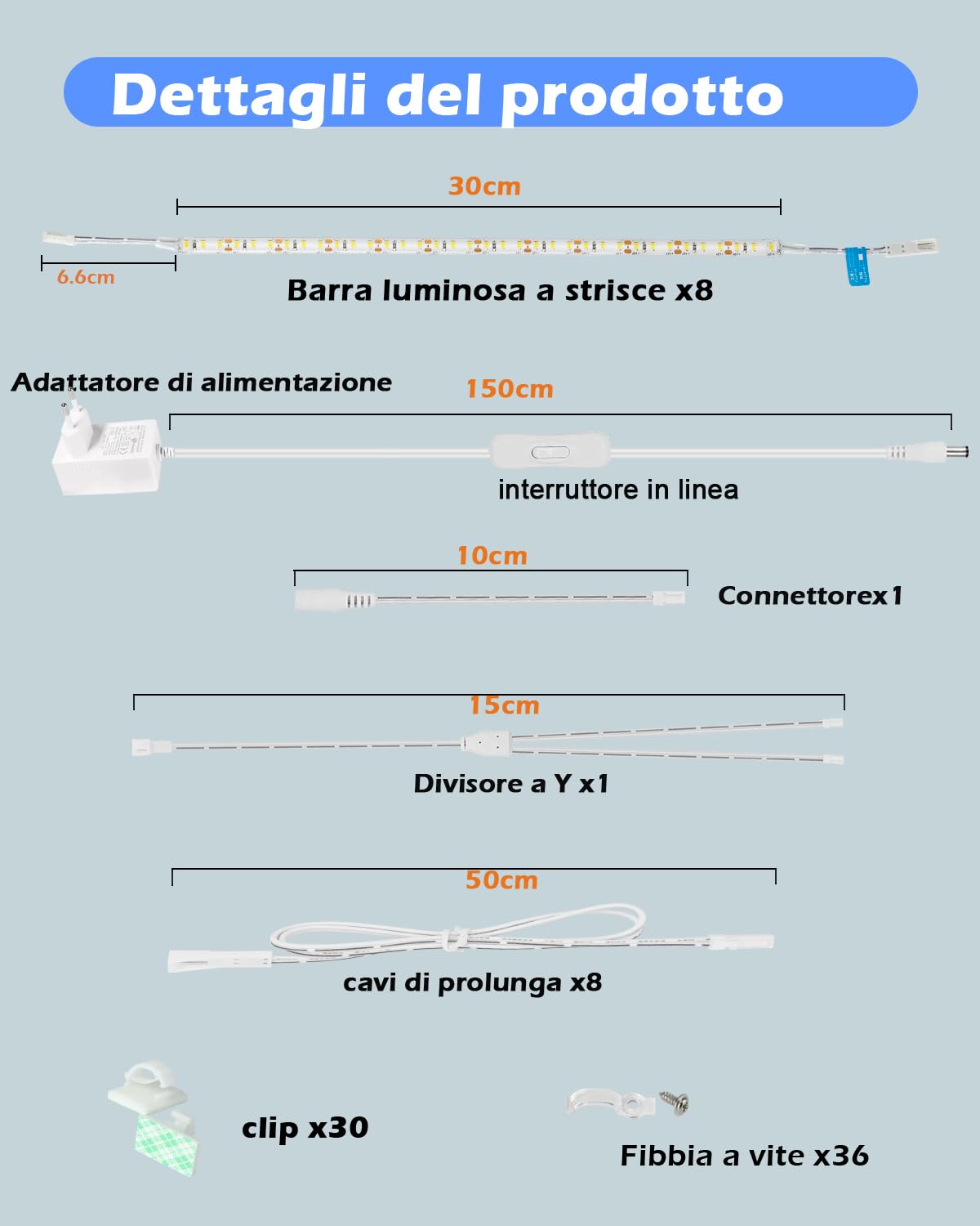 Cefrank Set di luci a LED ultra luminose da 20 W, per scaffali, 8 strisce da 30 cm, 2000 lm, flessibili e durevoli per librerie, armadi, dispensa (Bianco)