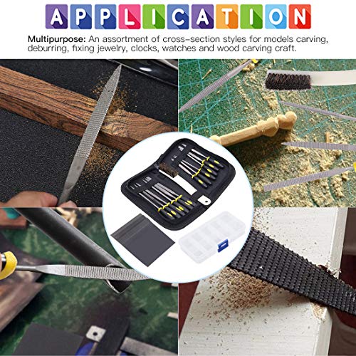 GLARKS 12-teiliges Mini-Holzraspel-Set mit Bürste und Aufbewahrungsbox mit 4 Schleifpapier zur Befestigung von Juwelieren, Diamanten, Holzschnitzereien