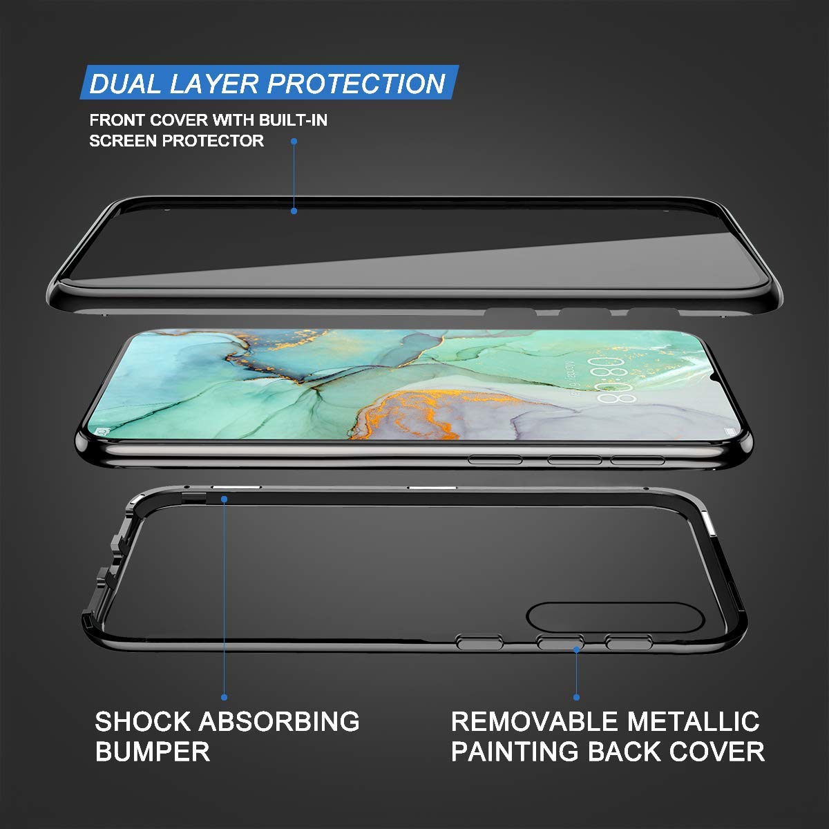 Custodia per Huawei P30 Pro Magnetica Cover 360 Gradi Protezione Case [Adsorbimento Magnetico]Bumper in Metallo Ultra Sottile Cassa Schermo Intero Prima e Dopo Trasparente Vetro Temperato Cover Blu