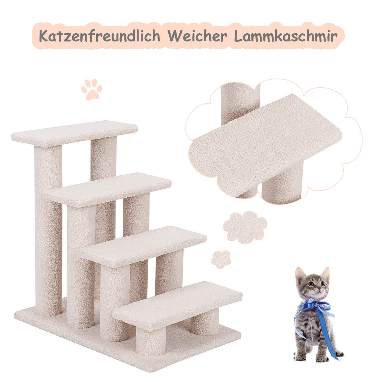 GYMAX Scaletta per Gatti a 4 Gradini, Carico 45 kg, Rivestita Morbida per Animali Domestici Robusto, 61 x 41 x 61 cm (Beige)