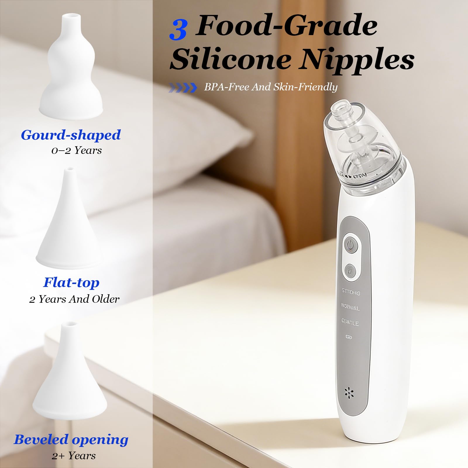 Aspirateur Nasal Bébé 3 embouts Silicone 3 Niveaux Aspiration USB Musique