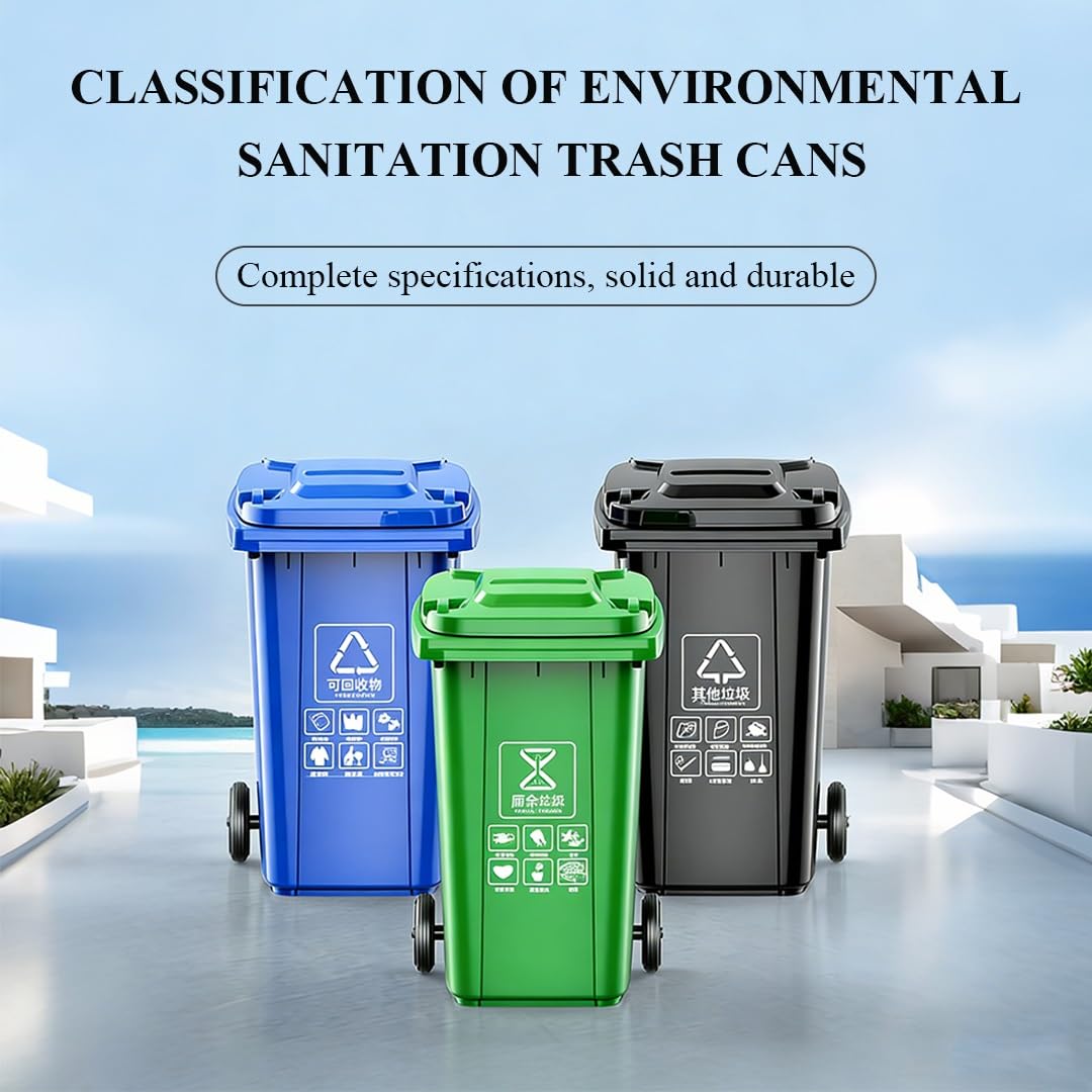 Duży wysoki kosz na śmieci, z kołami i mechanicznym systemem zaczepów, z uchwytami i pokrywą, wytrzymały plastik (czarny, 120 l)