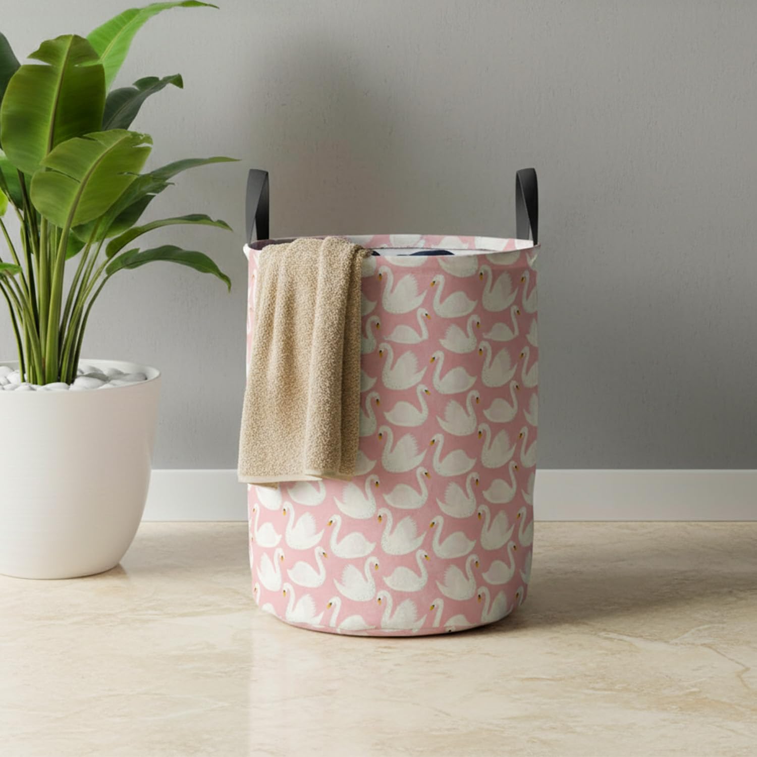 PrettyKrafts 45L Cotton Duck Printed Round Foldable Large Laundry Bag/Basket With Handle, Collapsible Freestanding Clothes Storage Organizer for Bedroom, Bathroom (36x36x45cm, Peach, Set of 1)-image-4
