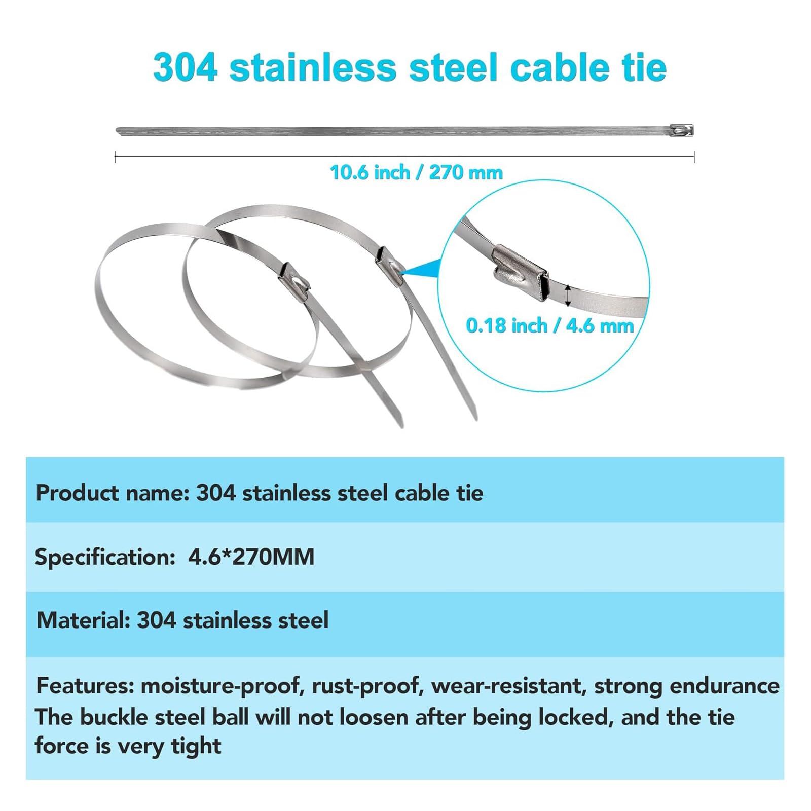 Fascette in acciaio inox e fascette stringicavo in metallo, strumento fascetta per fascette in acciaio inox con 200 cavi in acciaio inox da 4,6 x 270 mm