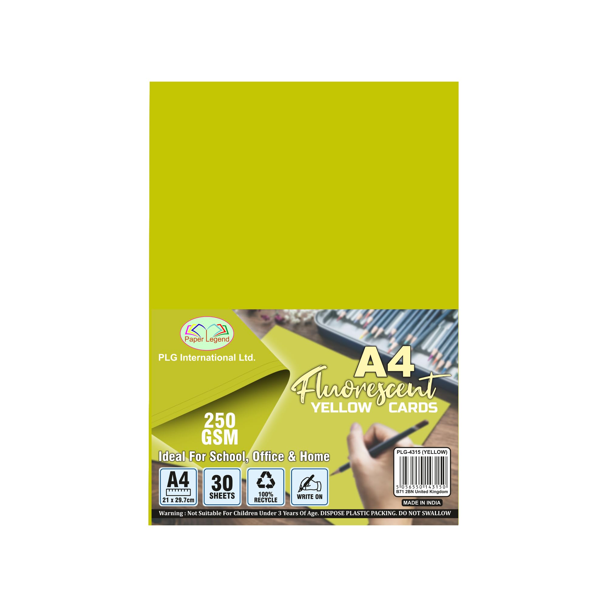 60 Sheets A4 Fluorescent Coloured Cards - 250GSM Thick Colourful Art & Crafts Paper 100% Recycled Bright Neon Colour Card Stock for Printer, School Projects, Greeting Cards, Scrapbooking (Yellow)