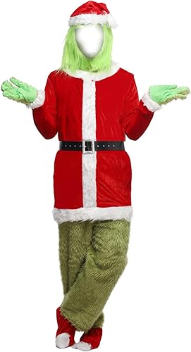 Green Santa Claus Costume for Men 7pcs Christmas Deluxe Santa Suit Green Outfit