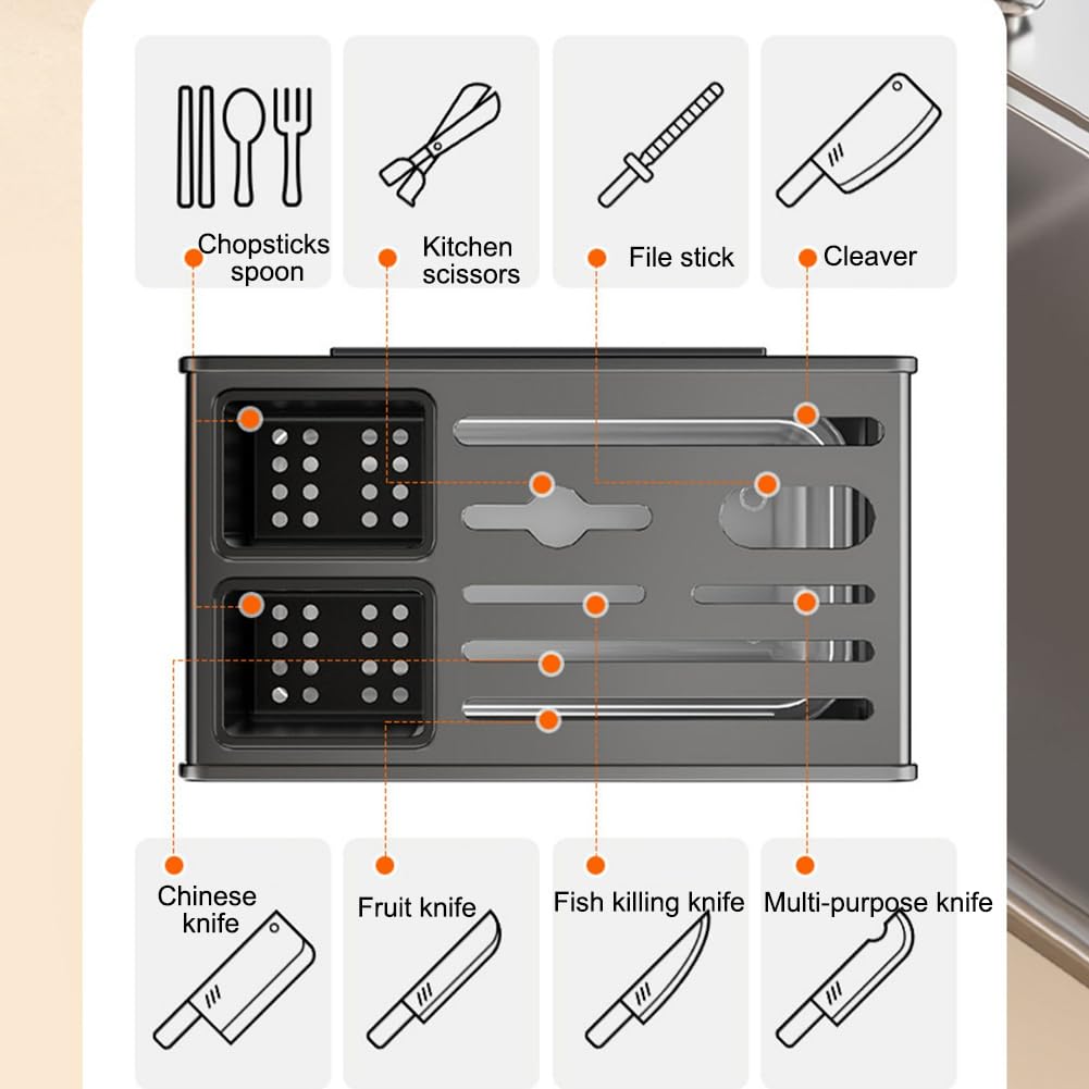 Portacuchillas De Acero Inoxidable De Pared Sin Perforaciones, Con Capacidad Para 7 Cuchillos, Con Bandeja De Drenaje, Orificio De Ventilación, Portacuchillas Sin Cuchillo,Blanco