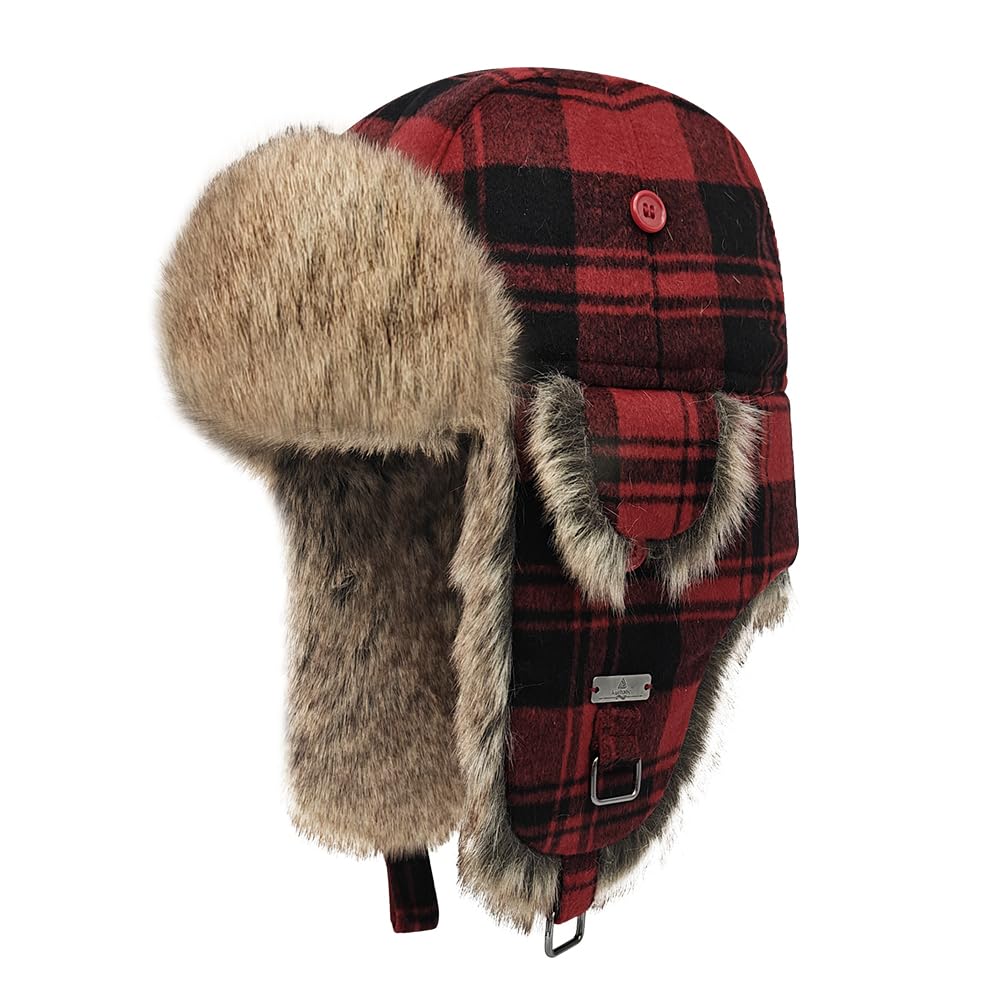 Fliegermütze Winter Wool Mütze Pilotenmütze mit Kunstfell Ohrenschützer für Herren und Damen