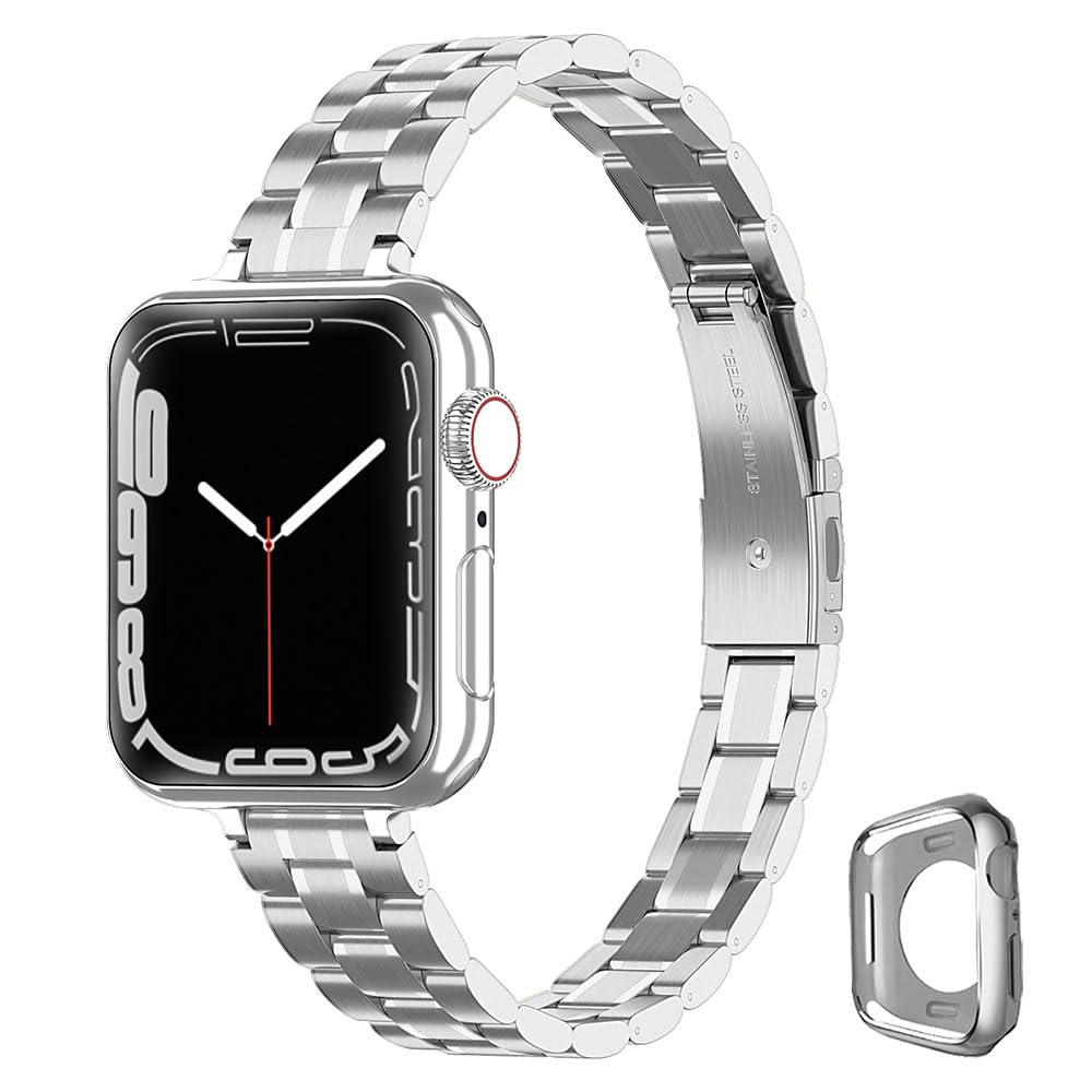 CSJCUBIC Metal band Compatible with Apple Watch Band 46mm 45mm 44mm 42mm 41mm 40mm 38mm for women, Slim Thin Stainless Steel Replacement Adjustable Wristband for iWatch Series 10/9/8/7/6/5/4/3/2/1/SE