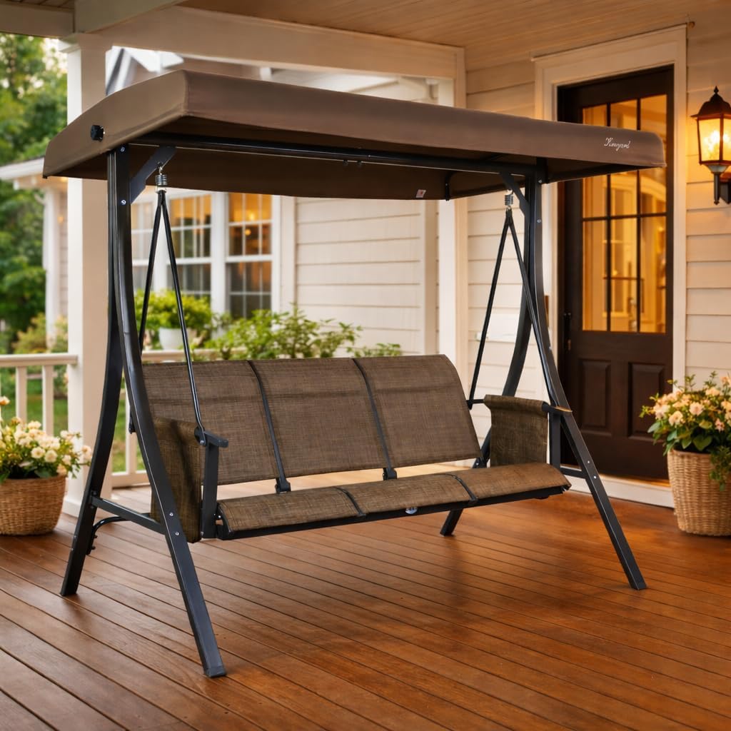 Kozyard Brenda 3-Seat Outdoor Porch Swing Glider, Patio Swing with Adjustable Canopy, Steel Frame, Breathable Textilene Seat & Back, Side Pockets (Taupe)