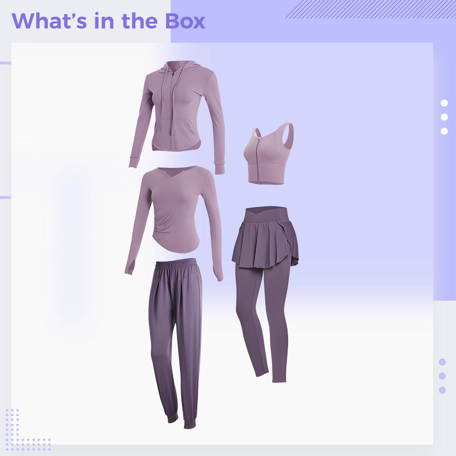 Conjunto de yoga y fitness de 5 piezas para mujer, camiseta atlética de manga larga, pantalones deportivos de cintura alta con falda, tela transpirable y que absorbe la humedad, cómodo y elegante