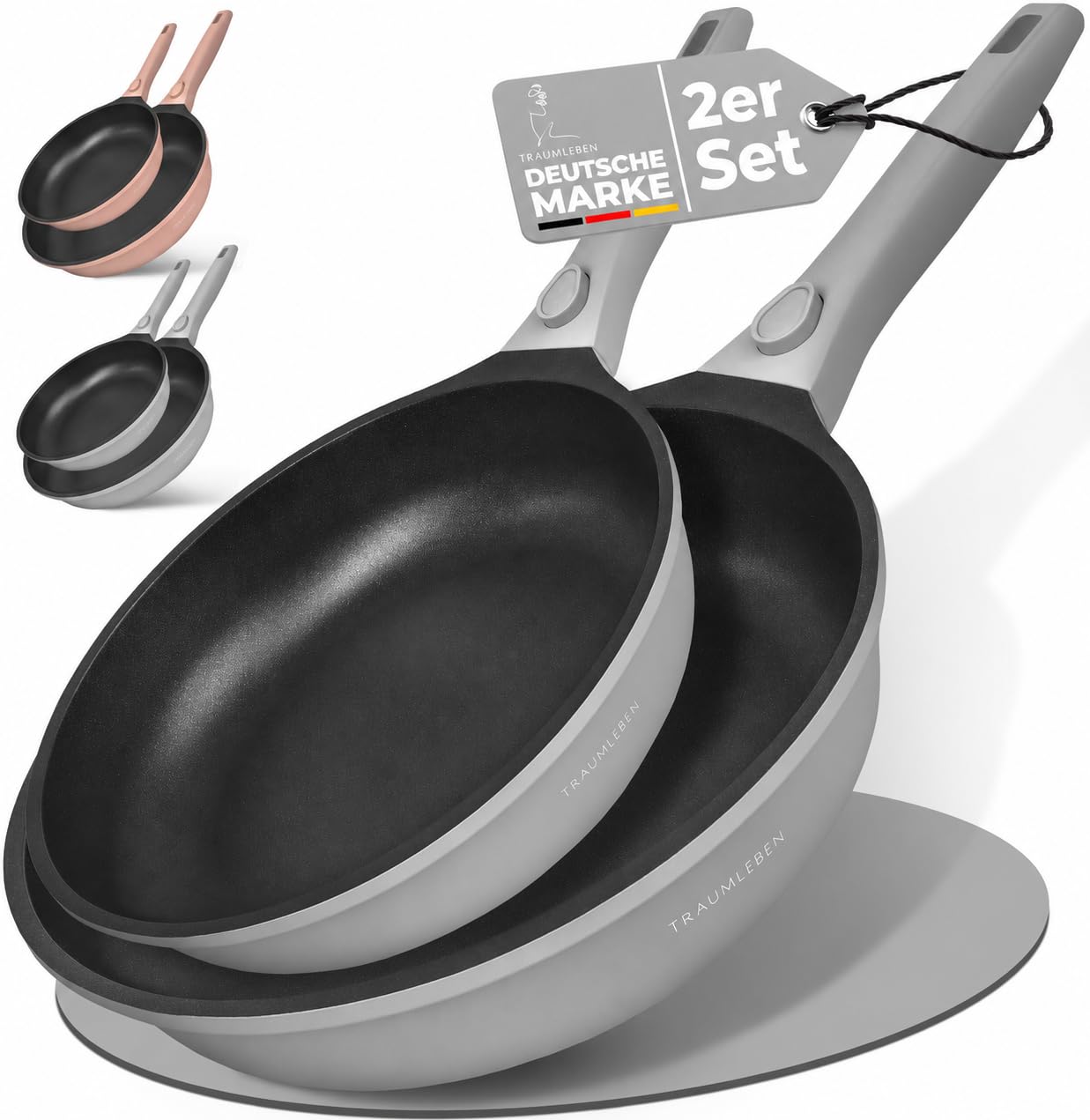 TRAUMLEBEN Bratpfanne SET 24 & 28 cm, Antihaft, abnehmbarer Griff (Grau) | Pfannenset 2-teilig, PFOA-frei, für Induktion geeignet, backofenfest
