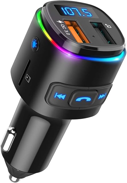 FM Transmitter Car, [Upgraded] ORIA Bluetooth Wireless Radio Adapter with Siri Google Assistant, QC3.0 Charging, 7 RGB Colors Lights, MP3 Player Car Charger, Hands-free Calling, USB Drive/TF Card