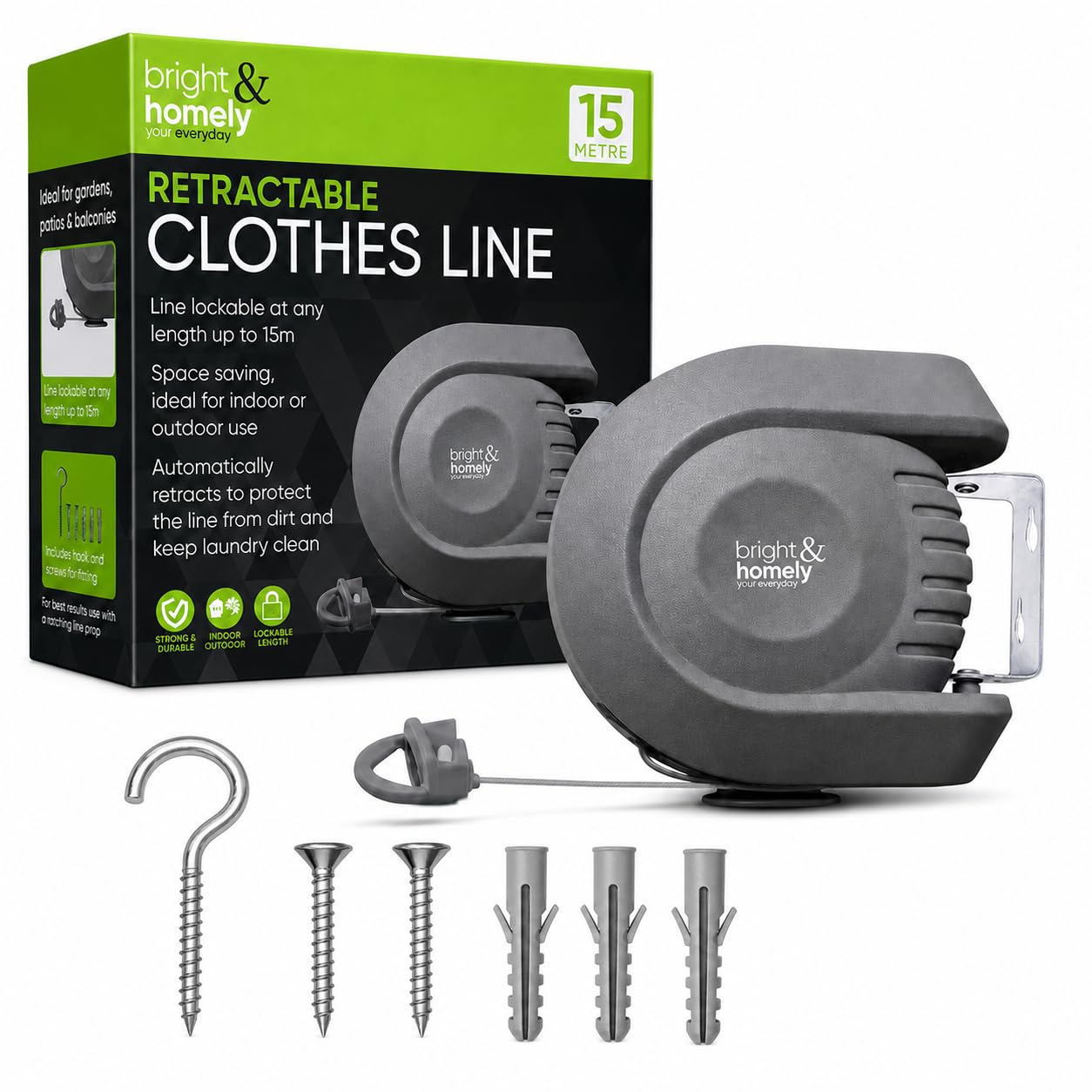 Bright & Homely 15m Retractable Clothes Line Wall Mounted Indoor Outdoor Washing Line Space Saving Laundry Airer with Lockable Length, Hook and Screws for Garden Patio Balcony Home