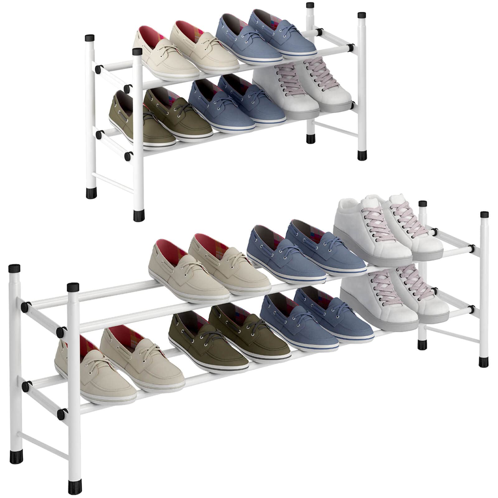 TZAMLI 2-Tier Free Standing Shoe Rack Metal Iron of Expandable and Adjustable Shoes Organizer, Stackable Shoe Shelf for Entryway Doorway, 24.41"~44.88'' x 8.66" x 13.78" (White)