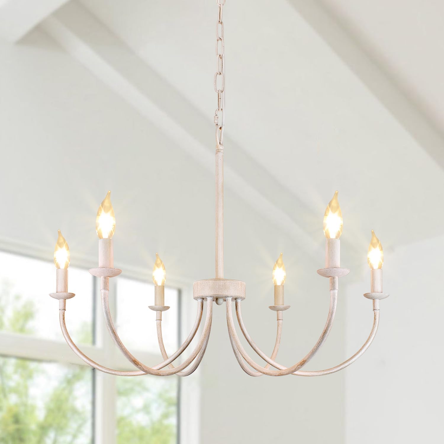 28.5 Inch French Country Chandelier - 6-Light Farmhouse Dining Room Fixture With Adjustable Height, Wood Accents
