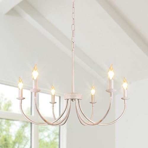 French Country Chandelier, 6-Light Antique White Farmhouse Chandelier for Dining Room Lighting Fixtures Hanging, Candle Hanging Pendant Light for Kitchen Island Living Room Bedroom Foyer