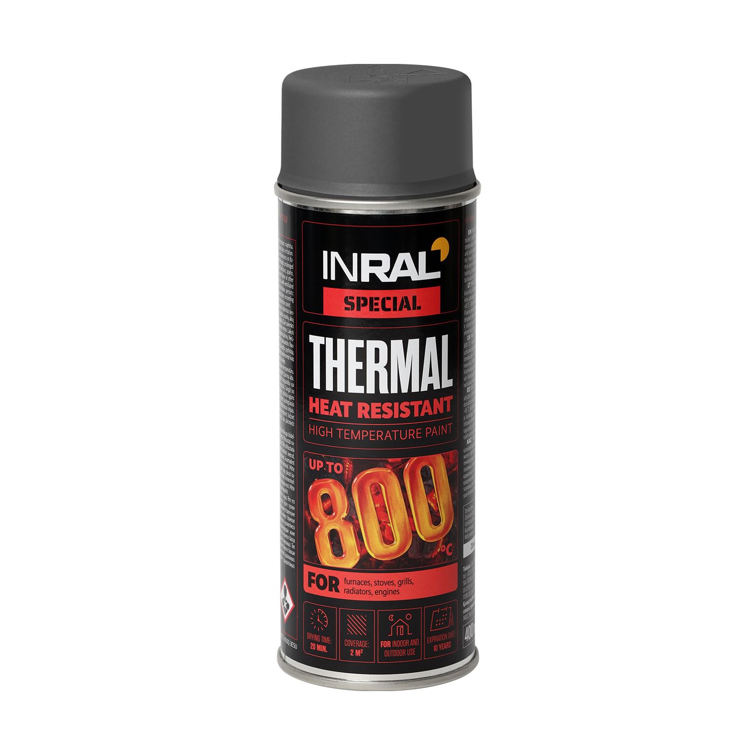 INRAL Heat Resistant Spray Paint Grey Matt [400ml] – High Temperature BBQ, Stove & Exhaust Paint – Durable, Fast-Drying Coating for Metal – Ideal for DIY & Automotive Use