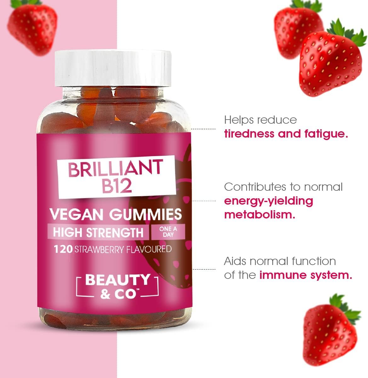 Beauty & Co Vegan B12 Gummies High Strength Strawberry Flavour