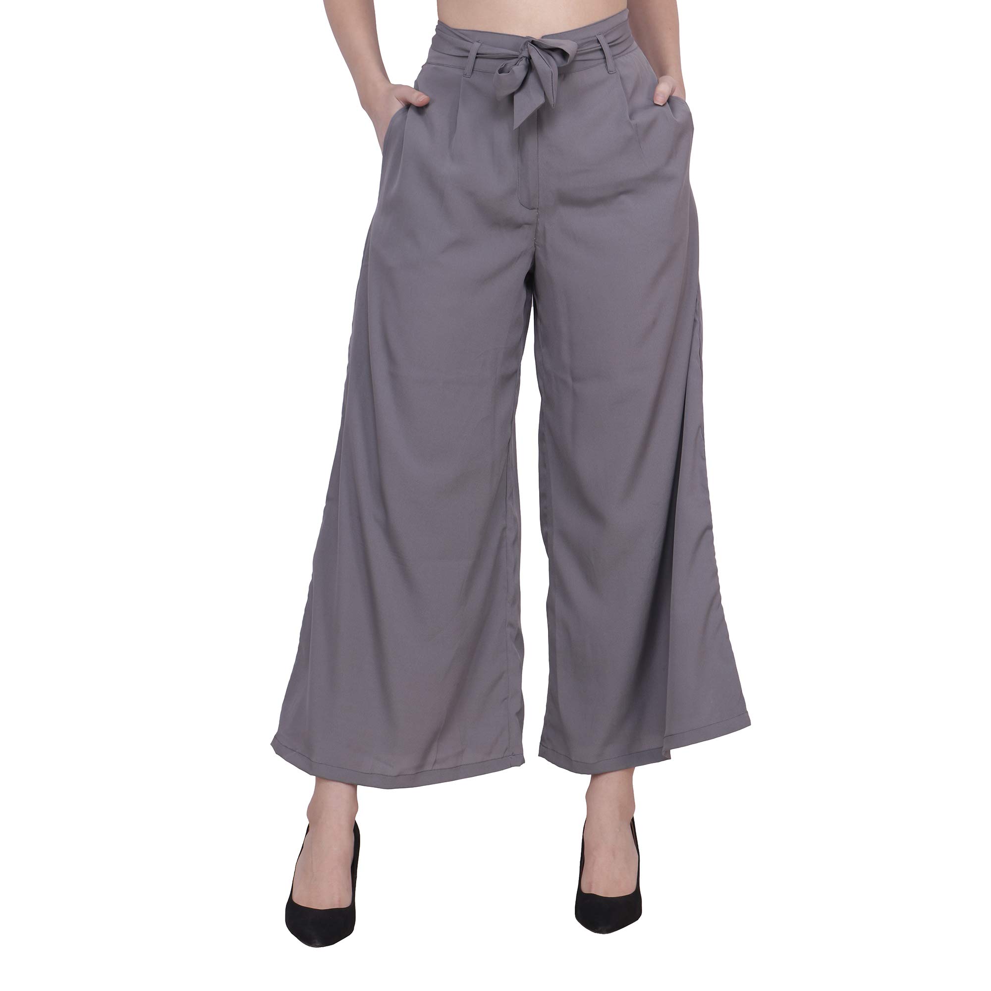Frempy Women's Western Grey Crepe Ankel Length Solid Trouser/Women's Cropped Pajama/Pajama with Belt/Zipper Trouser