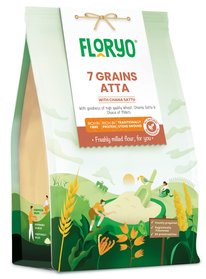 Floryo 7 Grains Atta with Chana Sattu 5kg Pack| Multigrain Flour Blend with Wheat, Oats, Ragi, Jowar, Bajra & Barley | High Fiber & Protein | Zero Cholesterol | Freshly Milled After Order | 45-Day Shelf Life (B0BNB92VGR) Amazon Price History, Amazon Price Tracker