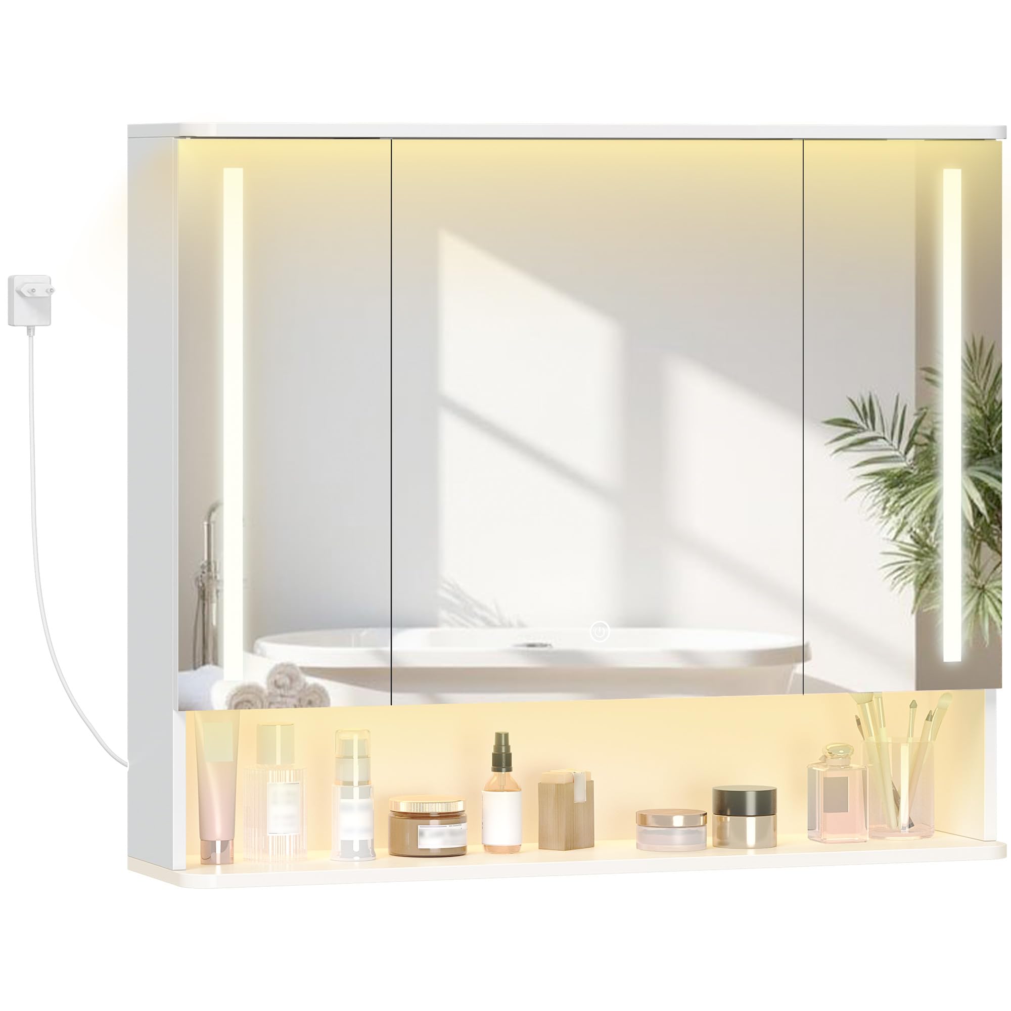 Hzuaneri Armario de Baño con LED, 3 Color, 3 Puertas, 21 x 90 x 76 cm | Iluminación LED Superior e Inferior, Mueble Baño con Estantes Ajustables, 5490103XEU