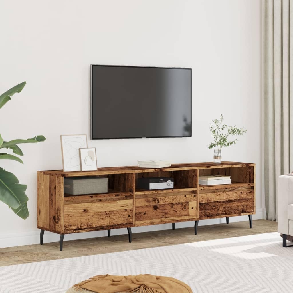 Mobile TV effetto legno anticato, 150 x 30 x 44,5 cm, con gambe in ferro, mobile basso con 6 scomparti, credenza per soggiorno, camera da letto, home theater e angolo gaming