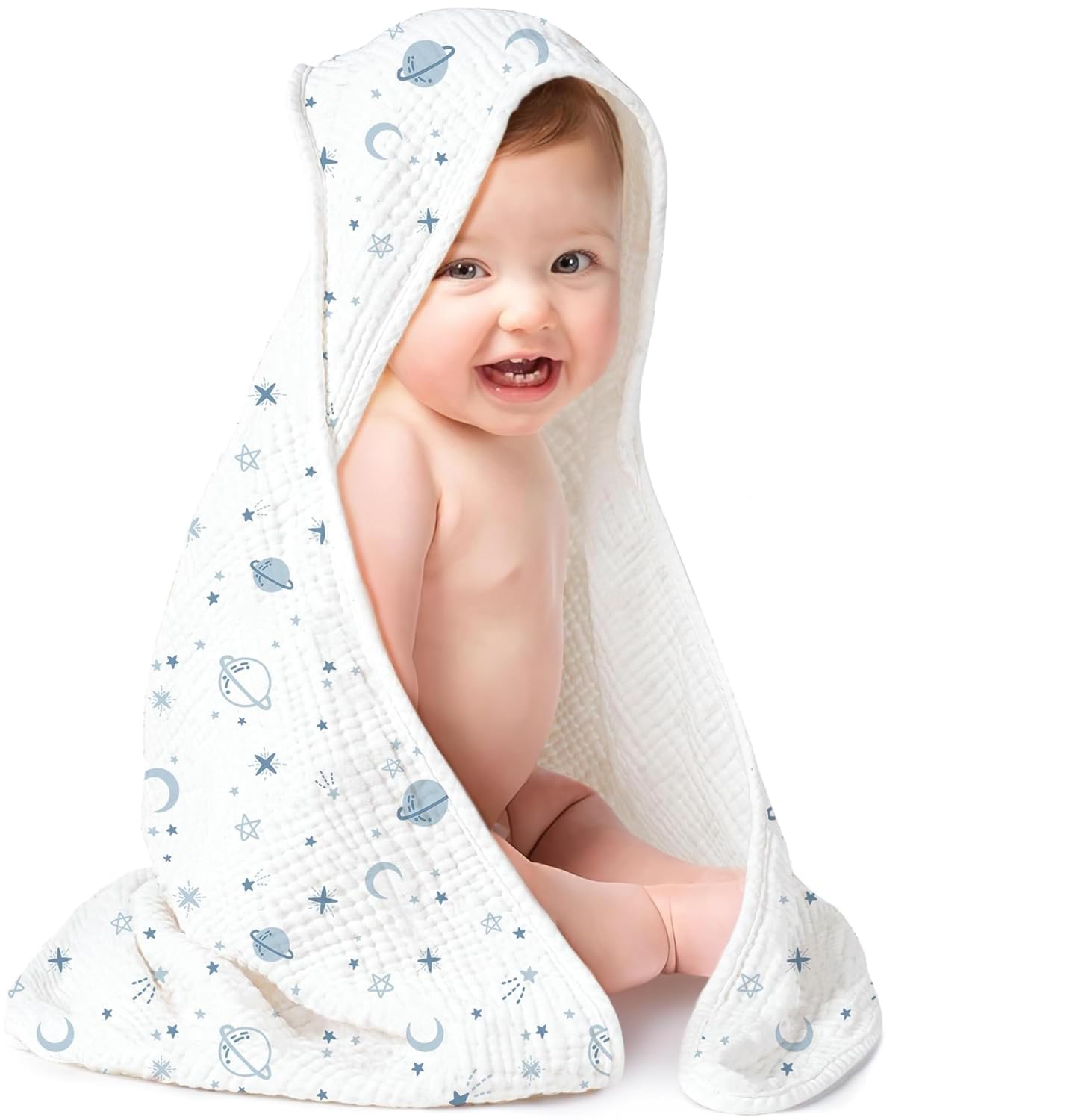 TERI BERI Baby Muslin Hooded Towel, Soft and Hypoallergenic Baby Bath Towels with Hood for Toddler Infant Newborn, Large and Absorbent Toddler Towels for Baby Boy Girl (31 x 31 inch) (White Muslin)-image-15