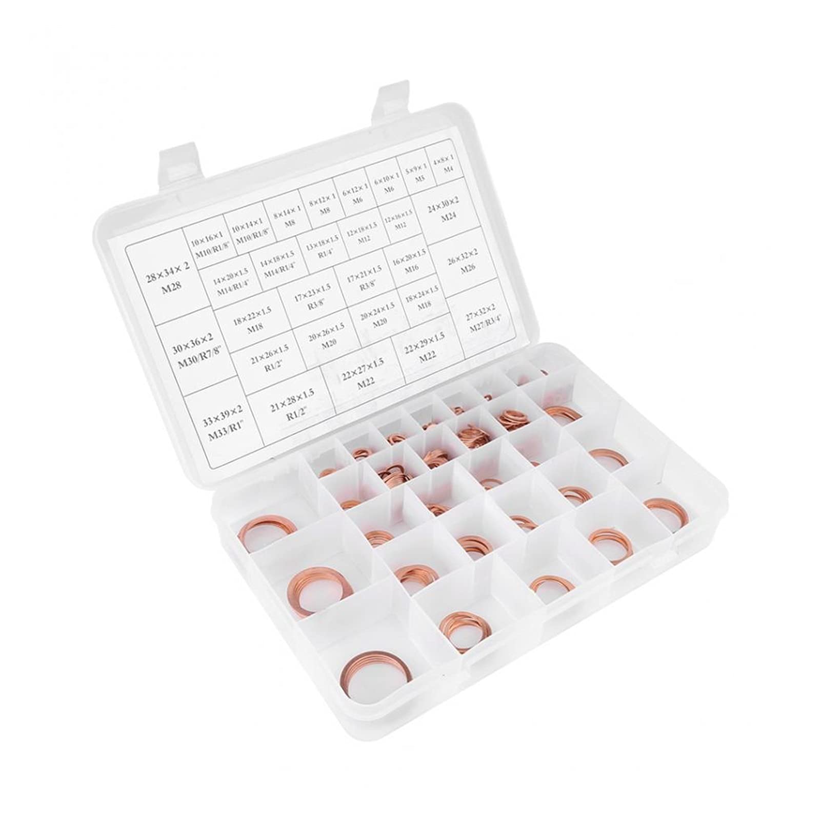 Wshao store 568 sztuk/zestaw miedzianych uszczelki Uszczelki Płaska pierścień Zestaw z plastikowym pudełkiem Zestaw asortymentowy ZESTAWY SAMPY WTYCNE PRZEŁĄCZNIK COPER WASHER