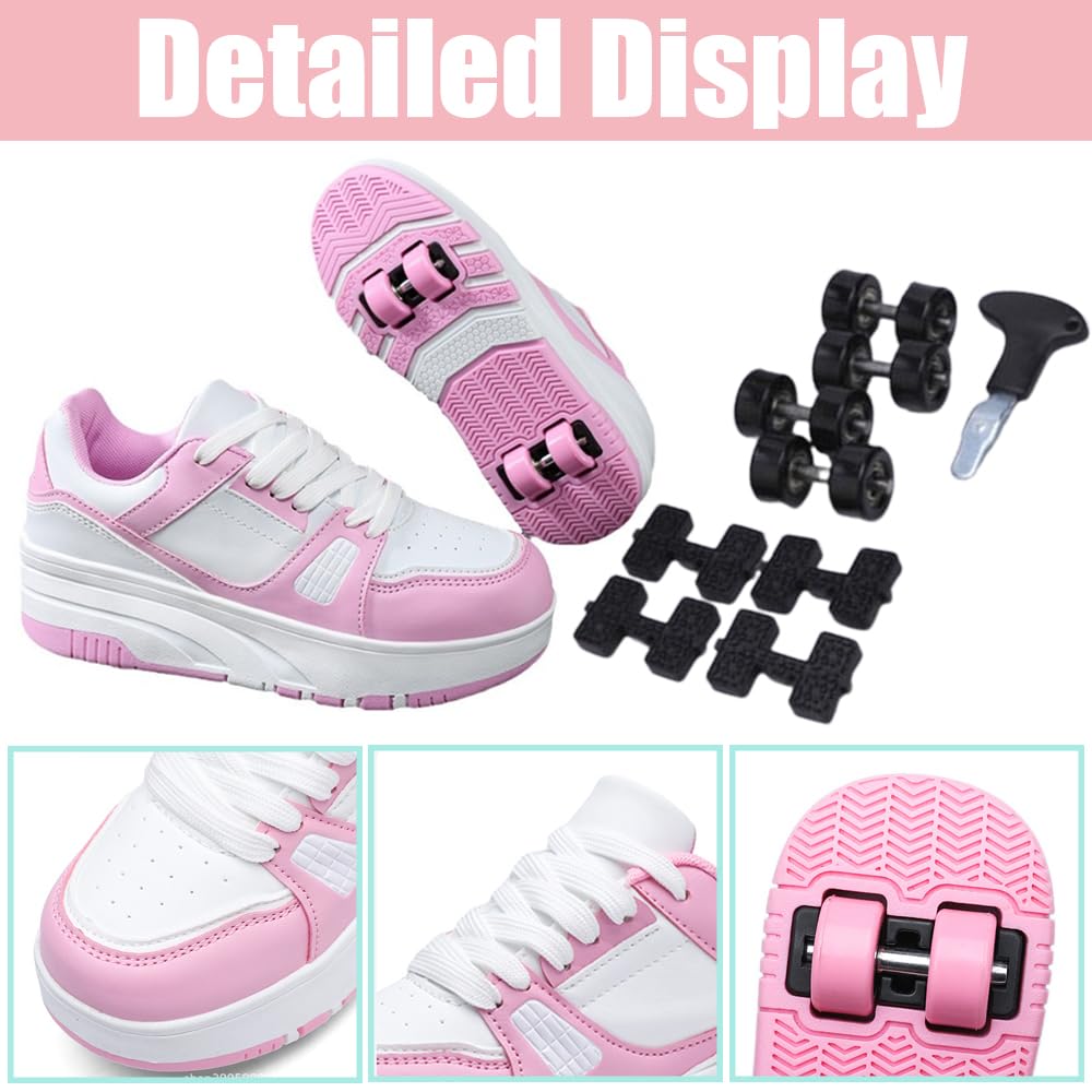 Hixingo Zapatillas con Ruedas Niña Niño, Zapatos con Ruedas Negro, Rosa Zapatillas Patines Zapatillas Ruedas Transpirable Zapatos Patines Calzado de Skateboarding Multifuncionales