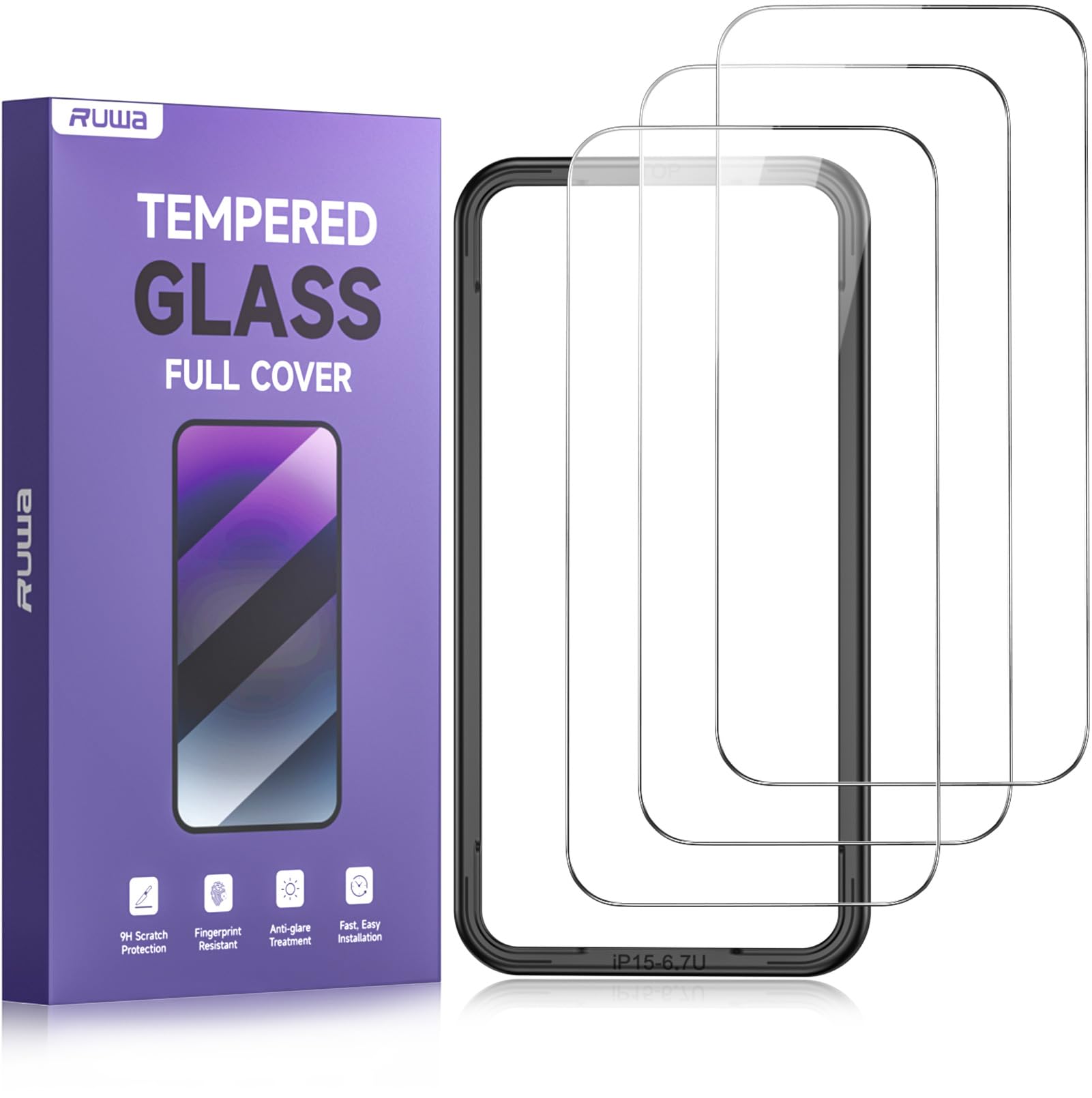 ruwa Screen Protector for iPhone 15 Pro Max [6.7 Inch] [3-Pack] Tempered Glass Film with Easy Installation Frame, Ultra HD, 9H Hardness, Scratch Resistant, Case Friendly