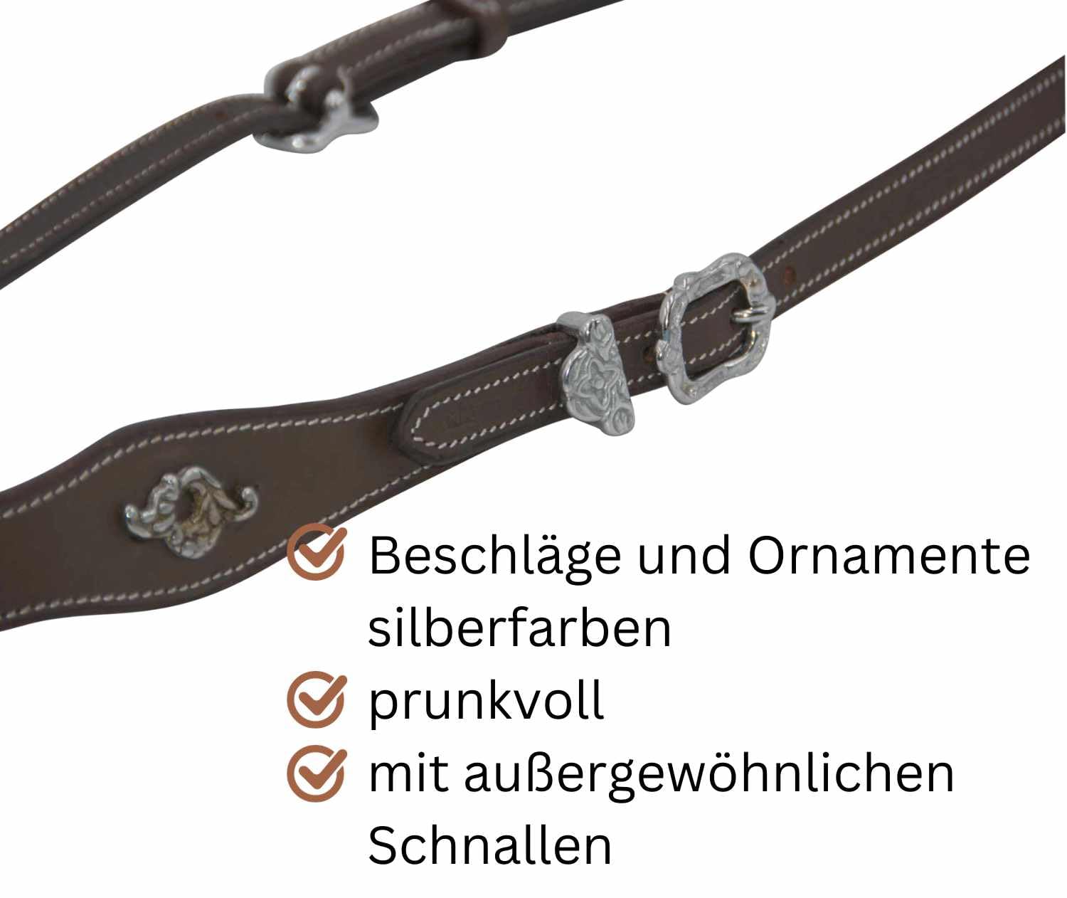 AMKA Vorderzeug portugiesisch, braun mit silberfarbenen Ornamenten und Beschlägen
