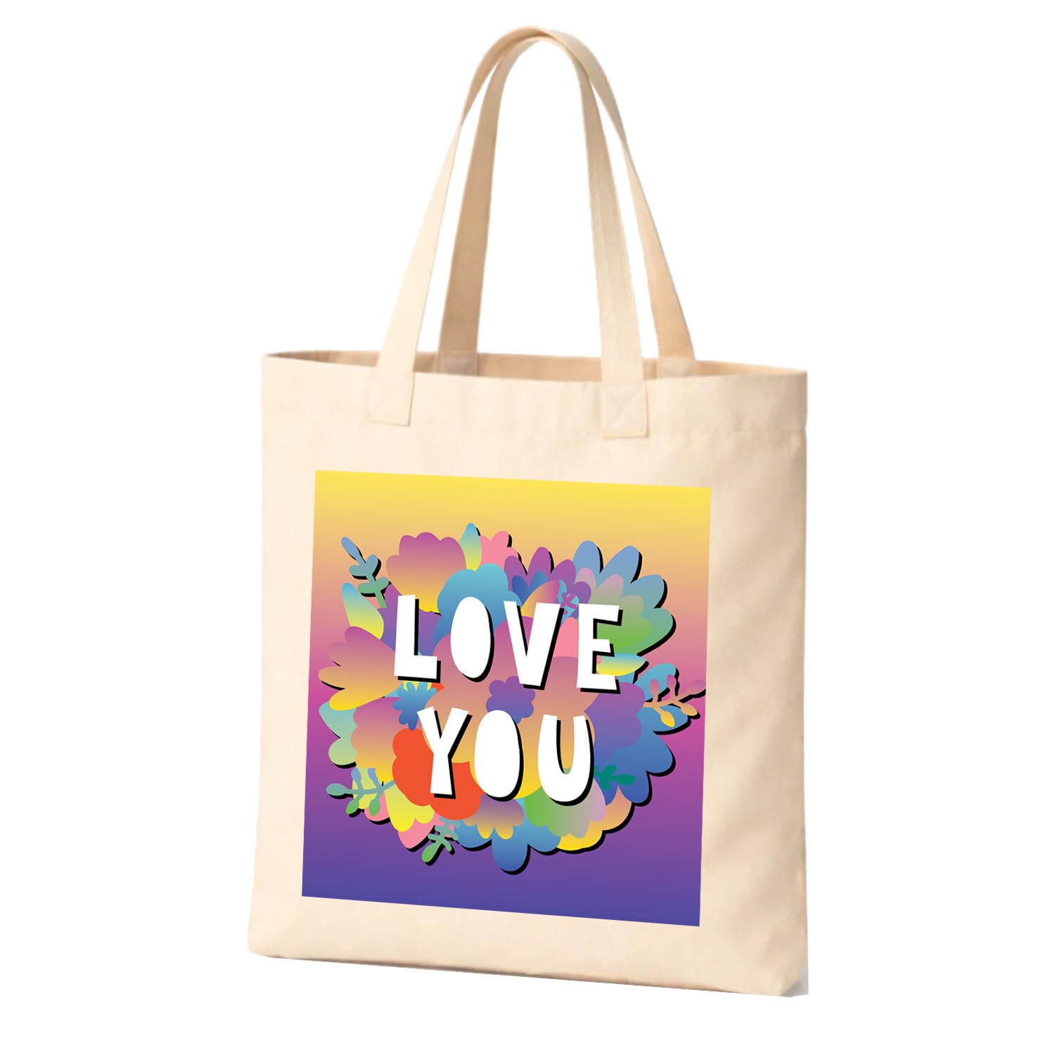 Colorful tote bag with LOVE YOU text, ideal for women, girls, and teens Perfect for adding fun to everyday outings, Size 14 x 16in, Cotton Canvas, No Closure, Shoulder Strap-image-1