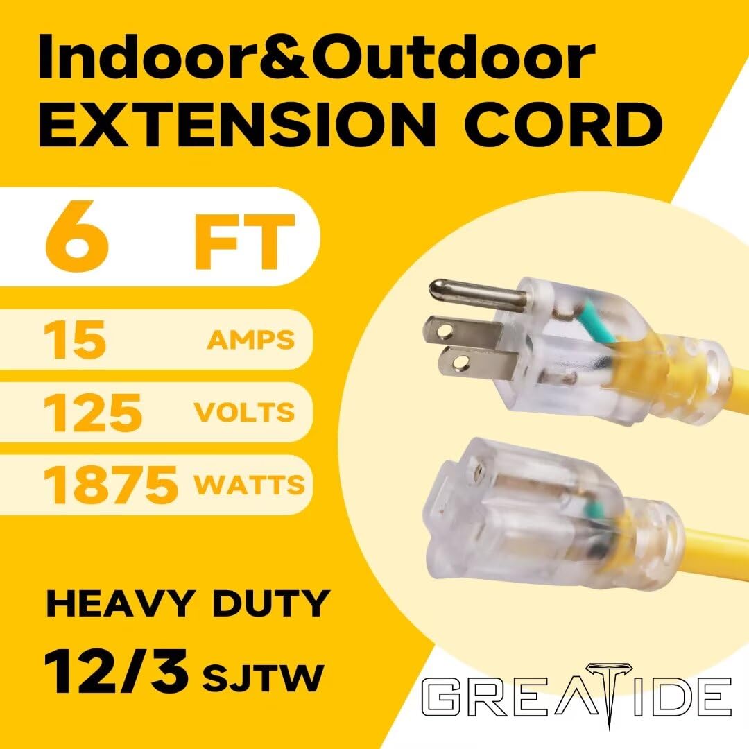 6 Ft Lighted Outdoor Extension Cord - 12/3 SJTW Heavy Duty Extension Cable with 3 Prong Grounded Plug - 15 Amp Power Cord for Lawn, Garden, Appliances