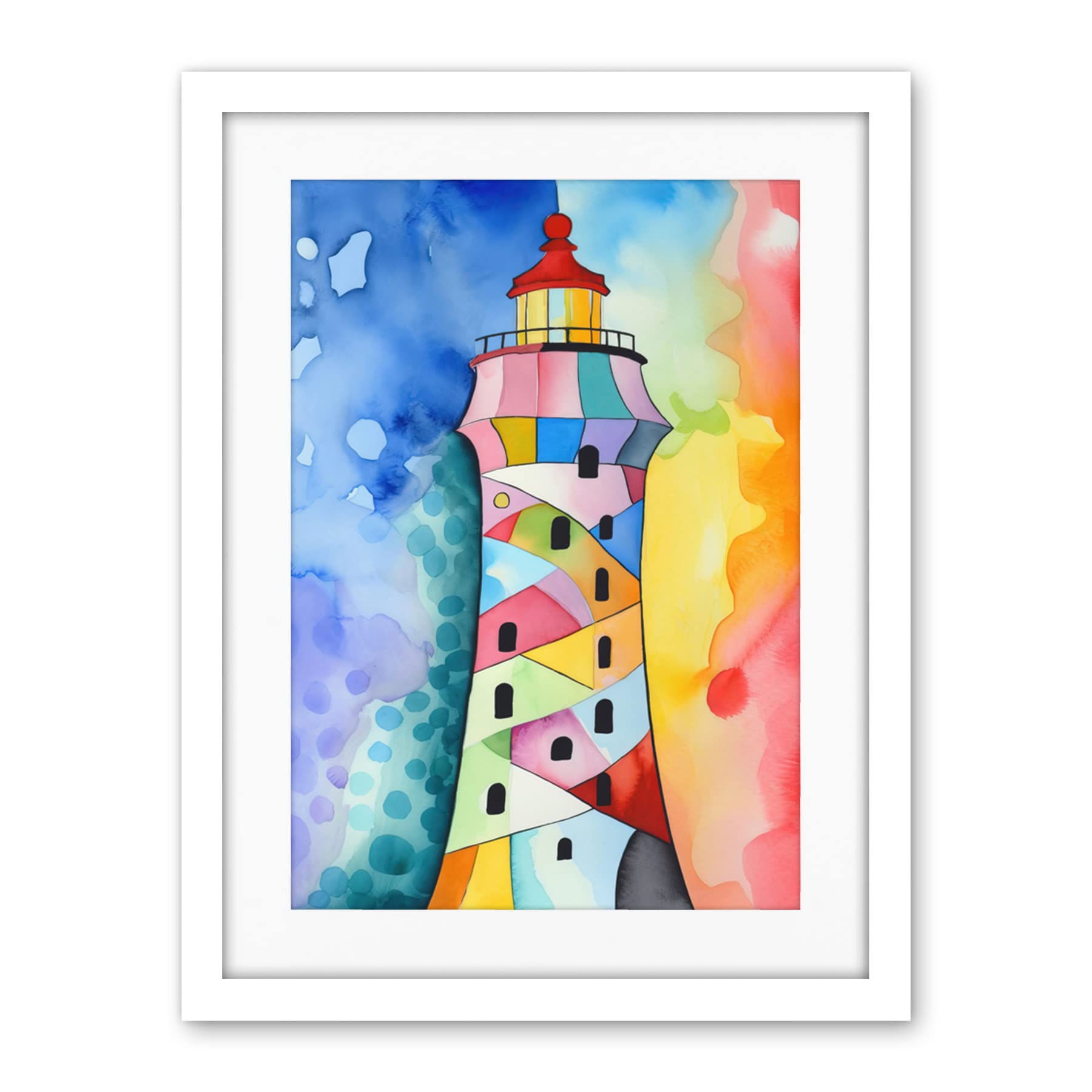 Artery8 Lighthouse Concept With Rainbow Colour Sky Folk Art Watercolour Painting Artwork Framed Wall Art Print 18X24 Inch
