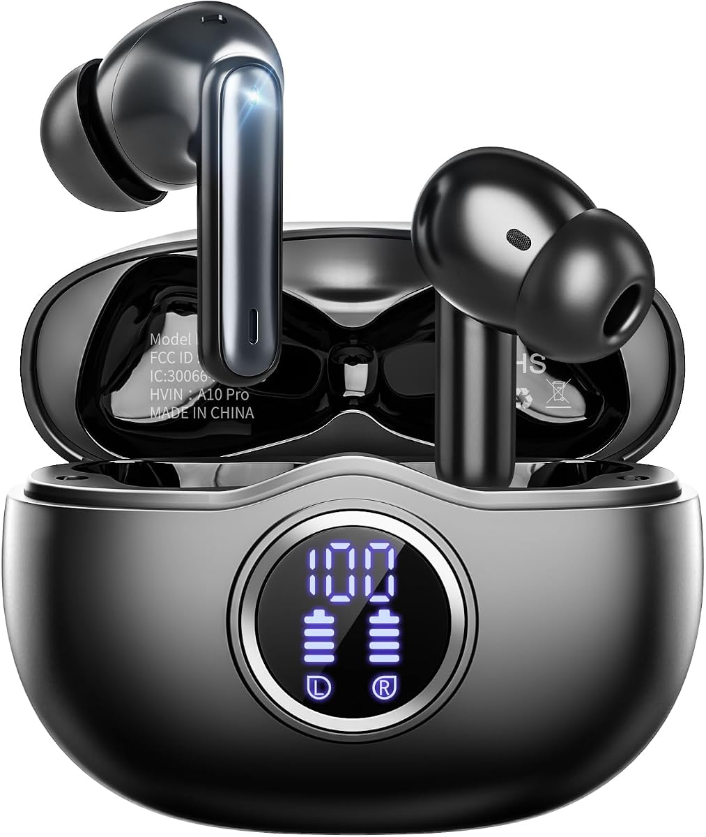 Wireless Earbuds, Bluetooth 5.3 Headphones HiFi Stereo 50H Playback LED Digital Display Ear Buds with ENC Noise Canceling Headset, IPX7 Waterproof Earphones for Gym/Running/Work