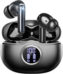 Wireless Earbuds, Bluetooth 5.3 Headphones HiFi Stereo 50H Playback LED Digital Display Ear Buds with ENC Noise Canceling Headset, IPX7 Waterproof Earphones for Gym/Running/Work Black