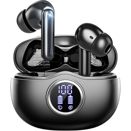 A10 Pro Wireless Earbuds, Bluetooth 5.3 Headphones HiFi Stereo 50H Playback LED Digital Display Ear Buds with ENC Noise Canceling Headset, IPX7 Waterproof Earphones for Gym/Running/Work, Black