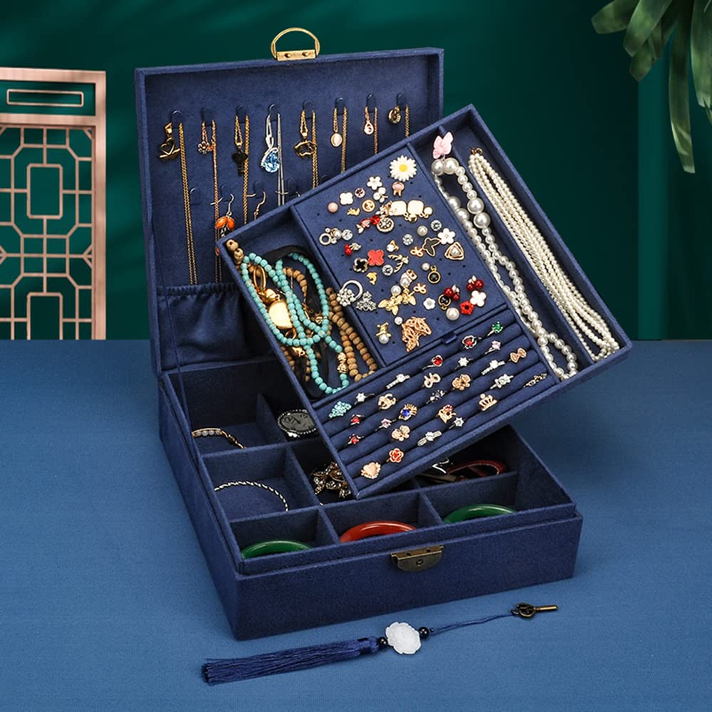 GYJOYERO Women Jewelry Box Lockable 3 Layers Large Jewelry Organizer Storage Case for Earrings Necklaces Rings Bracelets,Green Display Jewel Holder (Dark blue) (Navy)