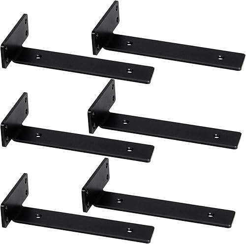 Miniatura 9 de CONNOO Paquete de 6 soportes en L gruesos y resistentes, soportes flotantes en T de 8 pulgadas, soportes en L de metal negro para estantes, soporte