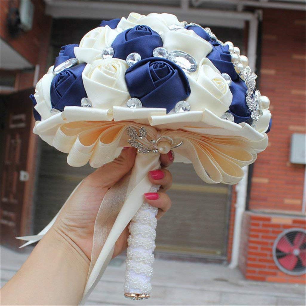 Handgemachte Brosche Brautstrauß Braut Satin Rosen Blumen Strass Perlen Blumensträusse Hochzeit Strauß Künstliche Blumen Blumenstrauß künstlicher Rosenstrauß Deko (Navy Cremig)