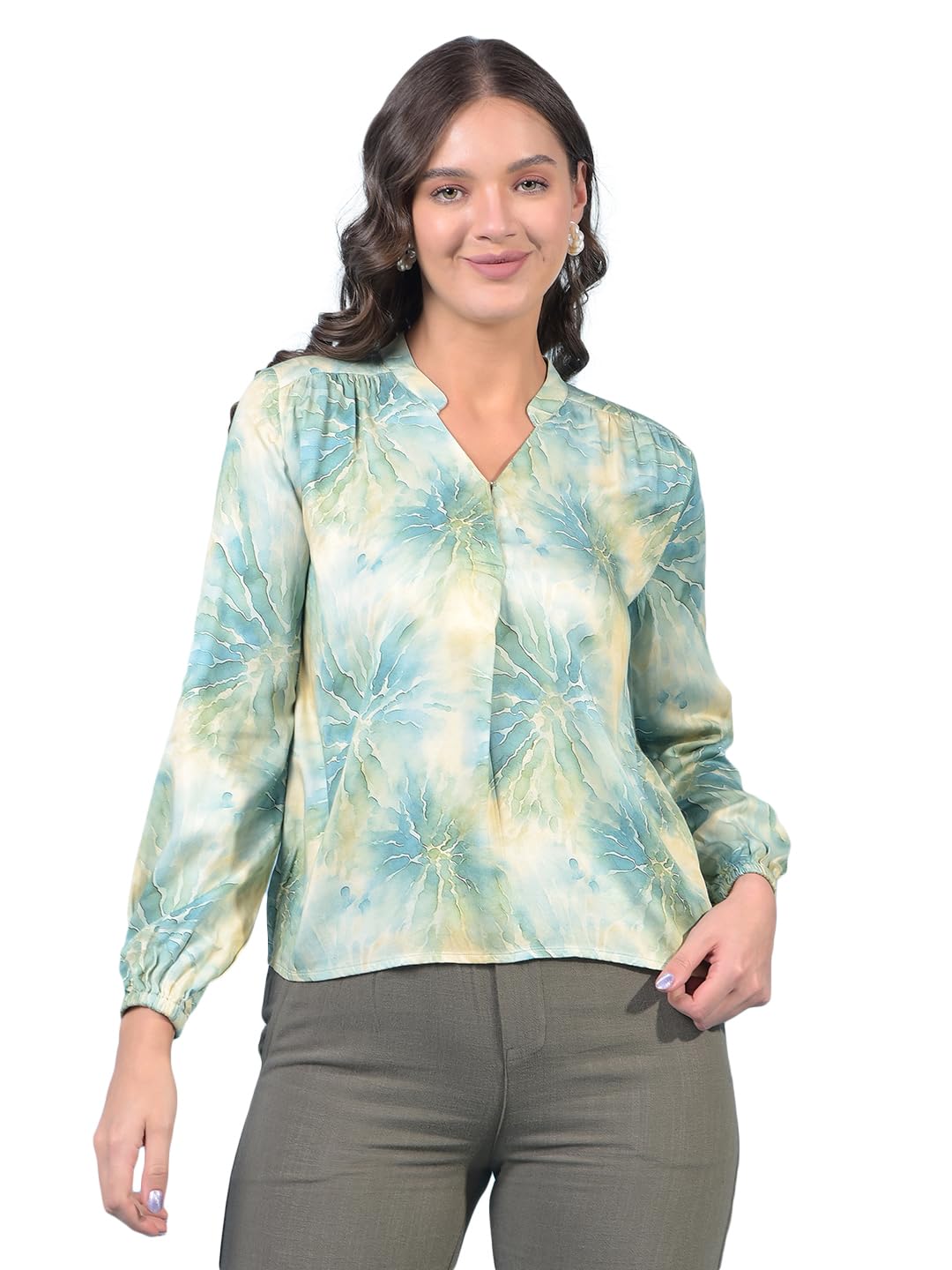 crimsoune club Women's Green Printed V-Neck Top-picture-29
