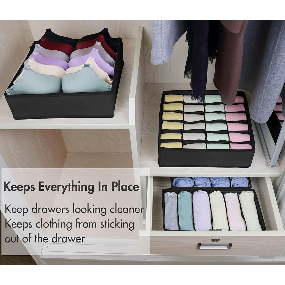 4PCS Drawer Organizer Clothes Black - Dresser Organizer For Nursery, Bedroom, Closet - The Perfect Baby Clothes Storage & General Nursery Organization or Dresser Drawer Organizers