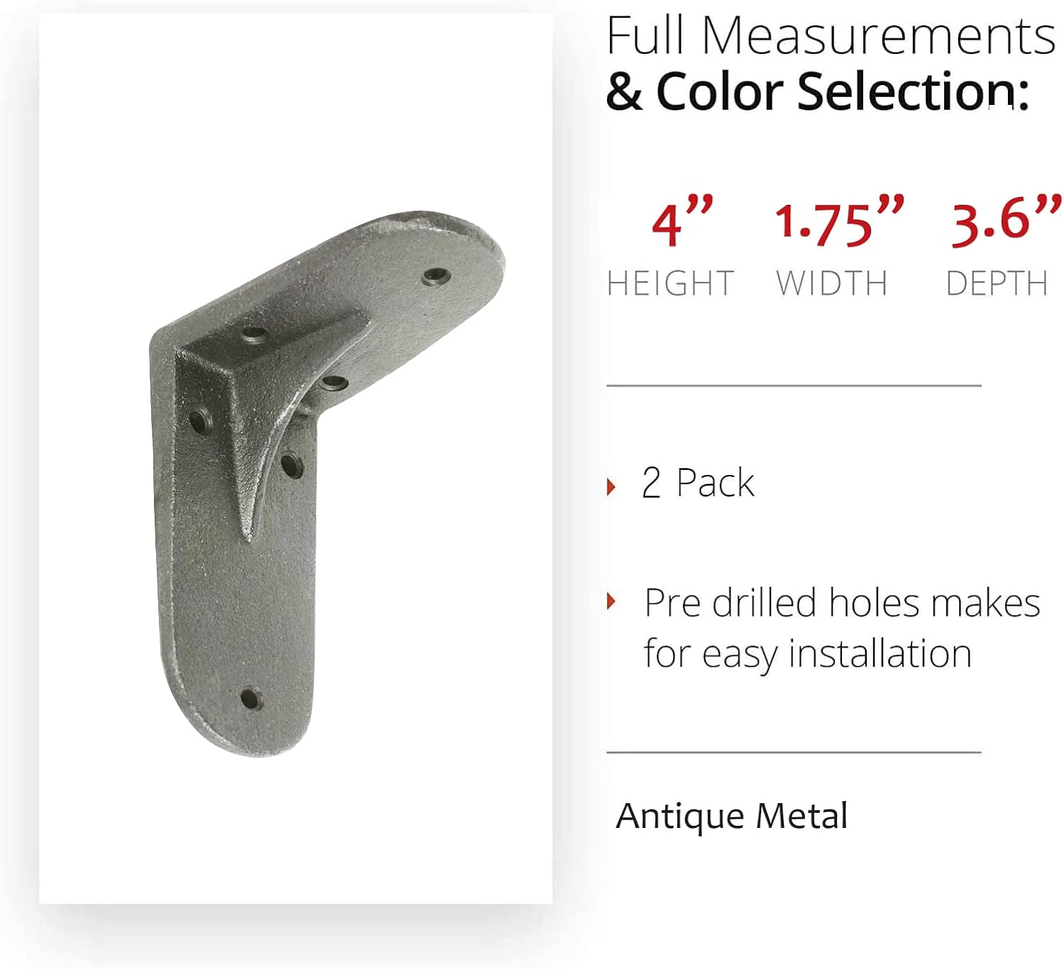 NACH Decorative Shelf Brackets, 2 Pack of 4.3 x 2 x 3.5 inch, Antique Metal Cast Iron Shelving Brackets - Metal Shelf Supports- Decorative L Brackets