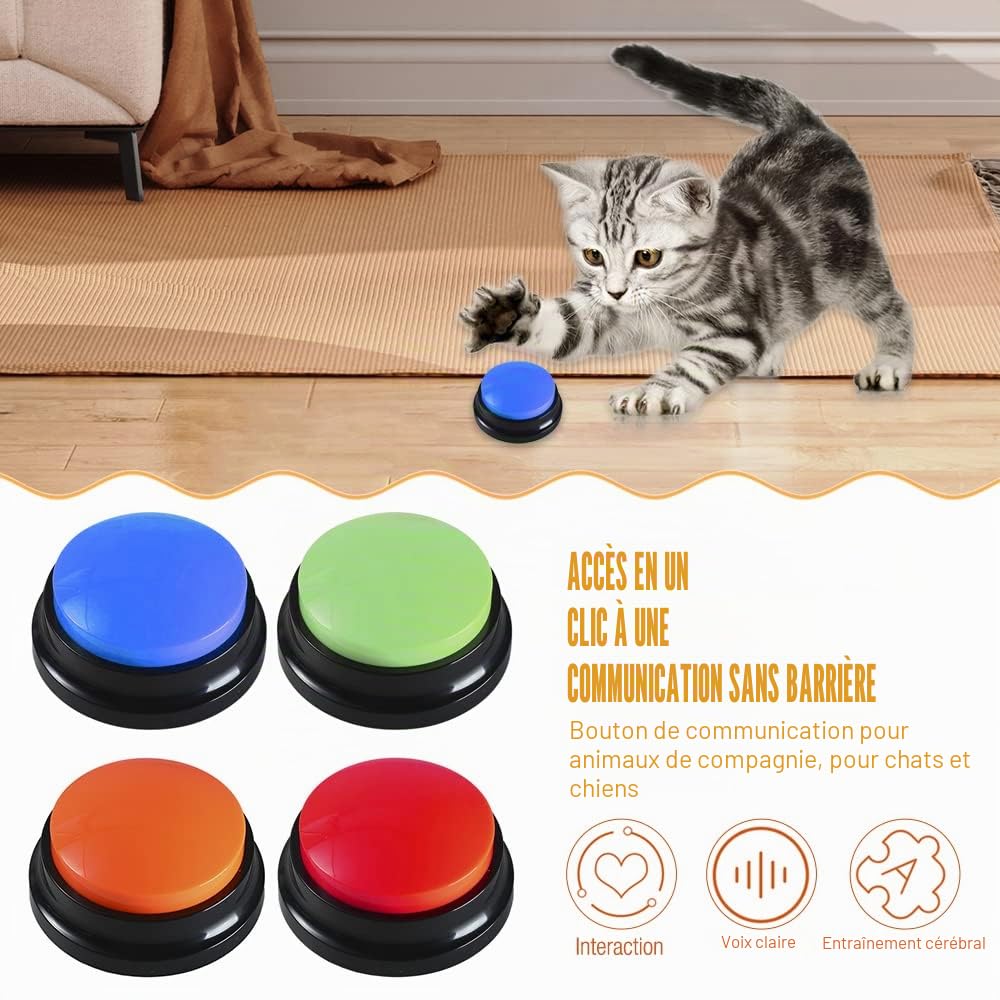 Buzzer Enregistrable Voix, Lot de 4 Buzzer Enregistrable, Bouton Parlant Enregistrable, Bouton Chien Communication, pour lEntraînement au Animaux Communication Enregistrée